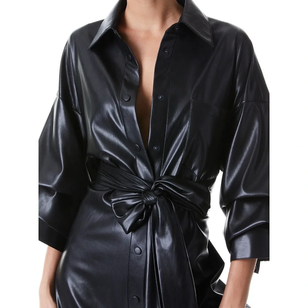 Alice + Olivia Tanika Vegan Leather Button Front Collared Black Maxi Dress - Picture 5 of 15